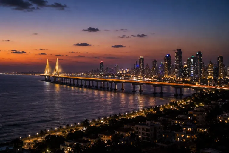 Illustrative evening view of the Bandra coastline and the Mumbai skyline across the water