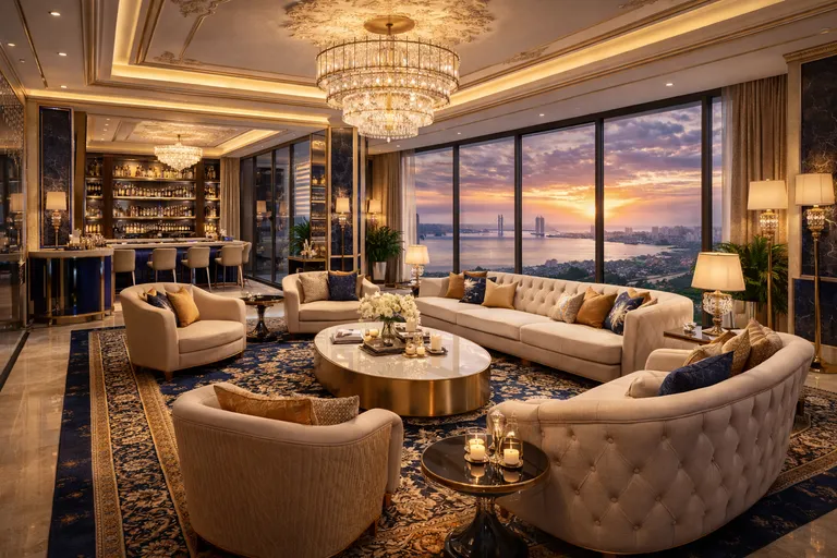 Artistic impression of a formal lounge with sea views at sunset
