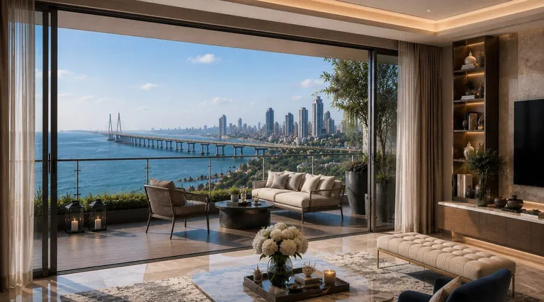 Artistic impression of a sea-facing living room opening onto a balcony
