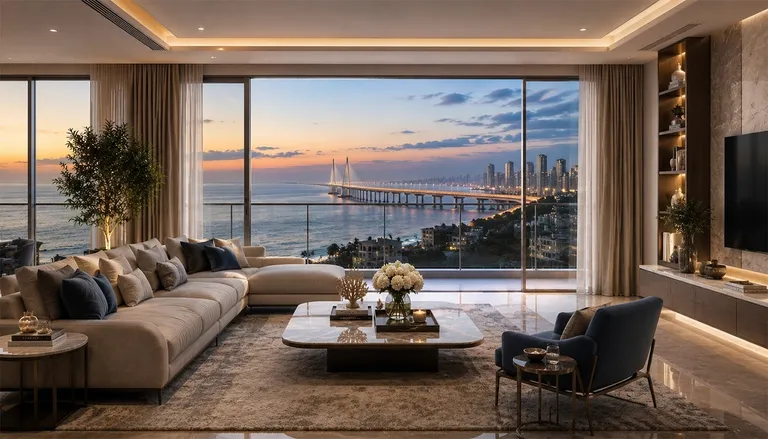 Artistic impression of a living room with floor-to-ceiling windows facing the sea at dusk