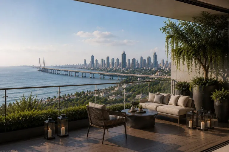 Artistic impression of a landscaped private terrace with lounge seating overlooking the sea
